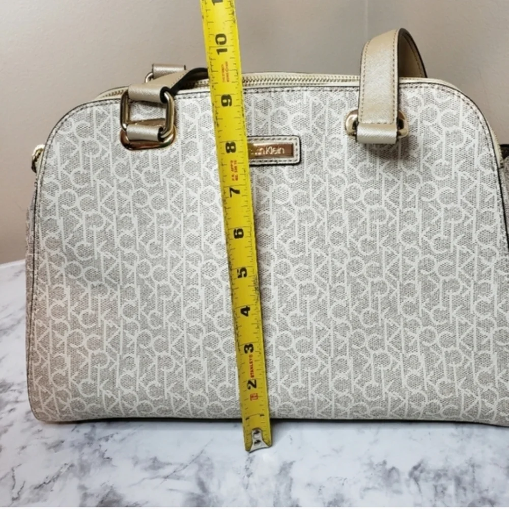 Calvin Klein Large Almond Monogram Satchel - Like New | Metallic Gold & Cream
